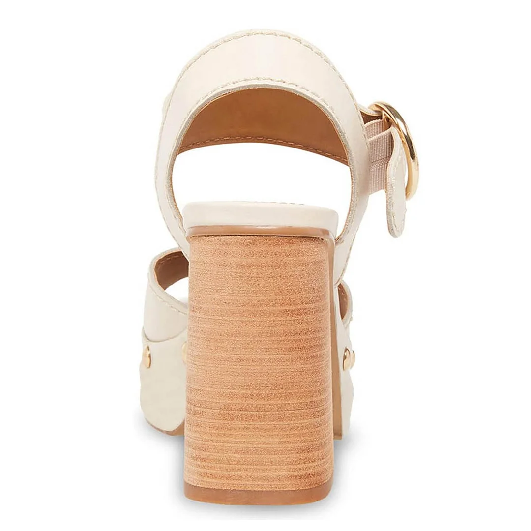 Beige Studded Open Round Toe Ankle Strap Platform Heel Sandals
