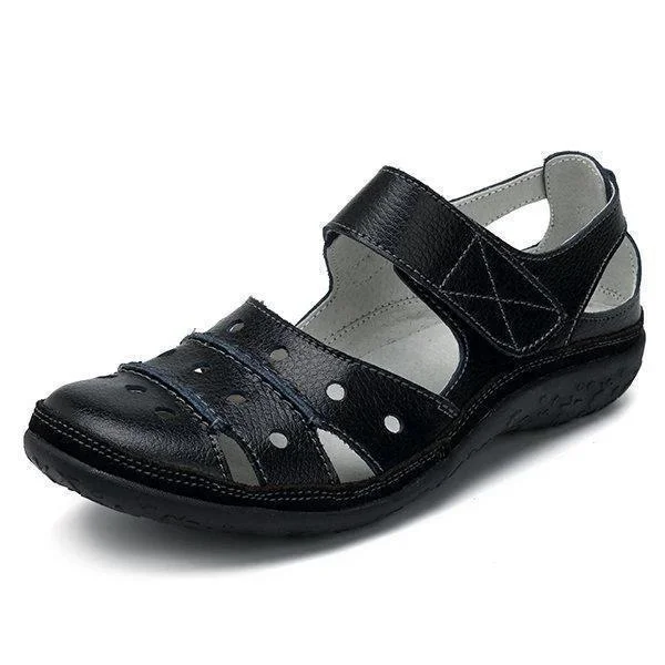  Women's Leather Hollow Hook Casual Flat Sandals