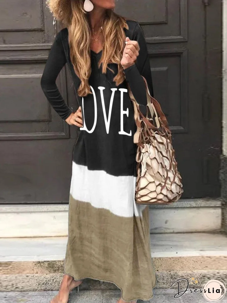 Women's Dresses Contrast Stitching Letters Long Sleeve Dress