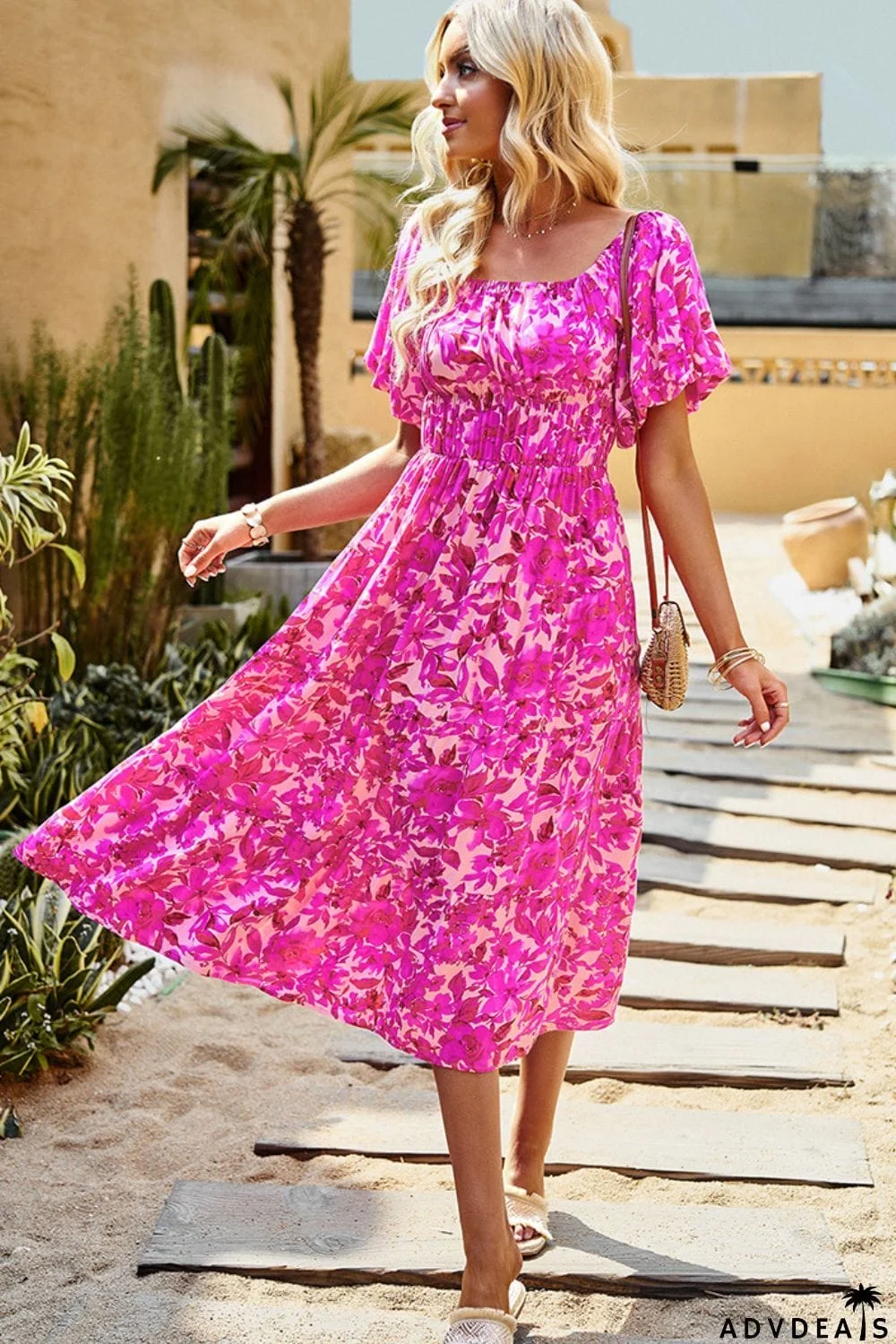 Floral Square Neck Tiered Midi Dress
