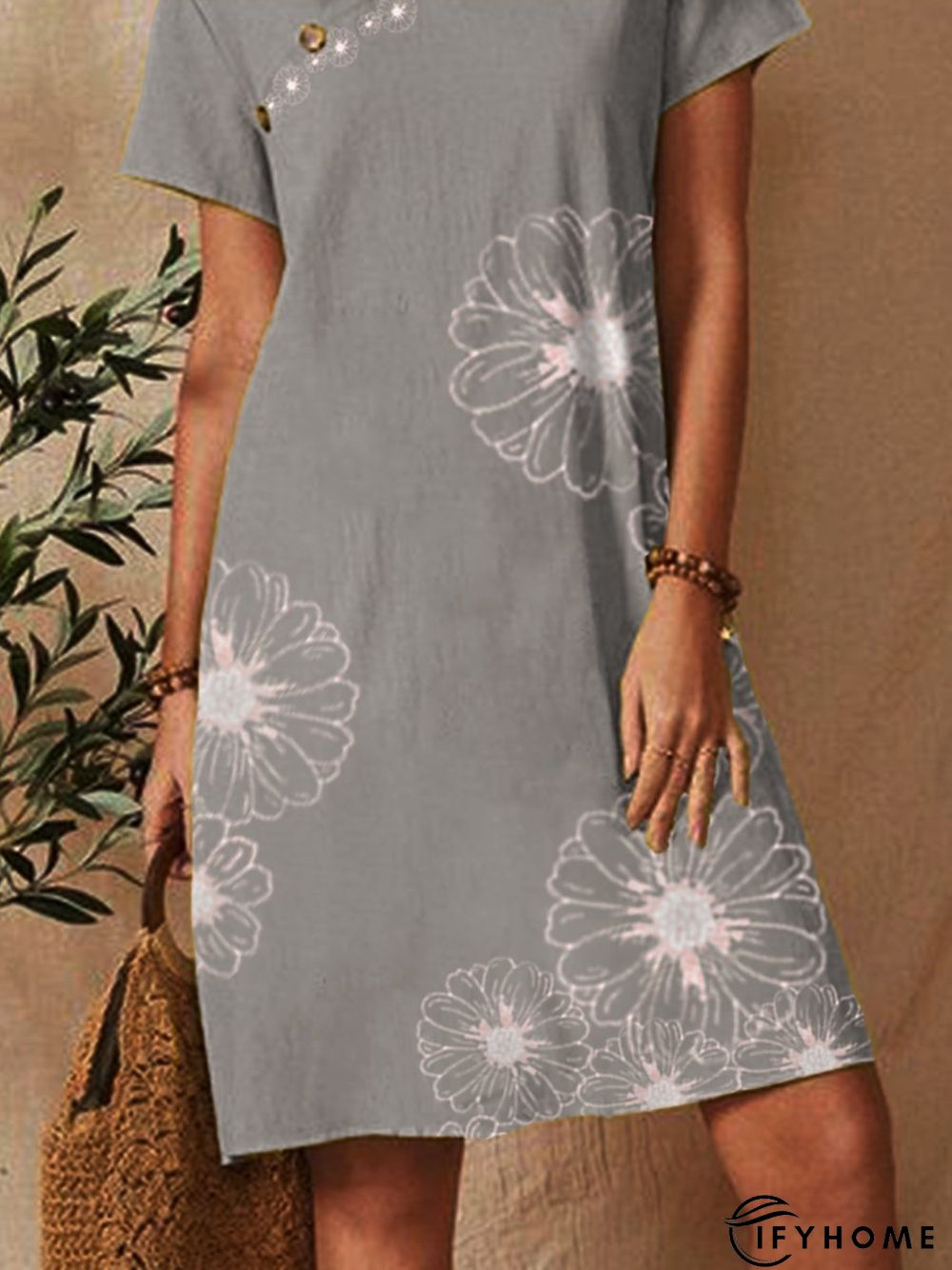 Shift Floral Floral-Print Short Sleeve Weaving Dress | IFYHOME