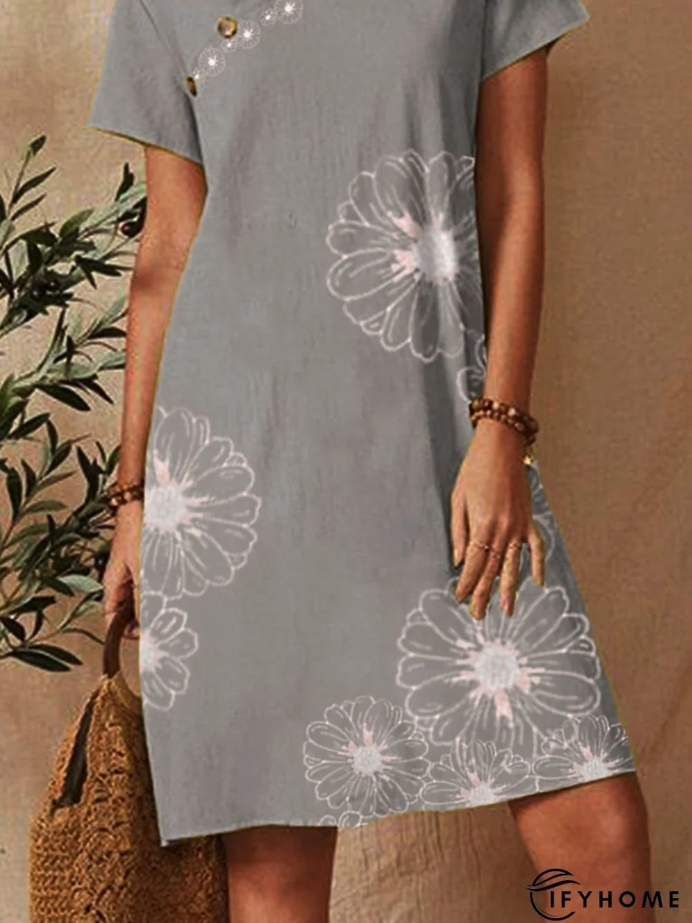 Shift Floral Floral-Print Short Sleeve Weaving Dress | IFYHOME