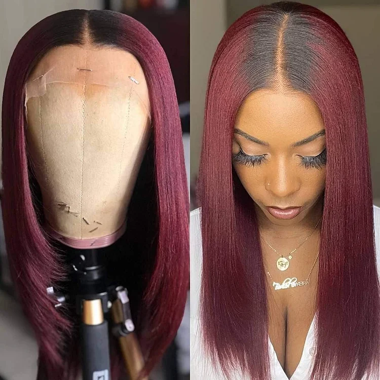 Black Gradient Red Centre Parting Long Hair Straight Wig