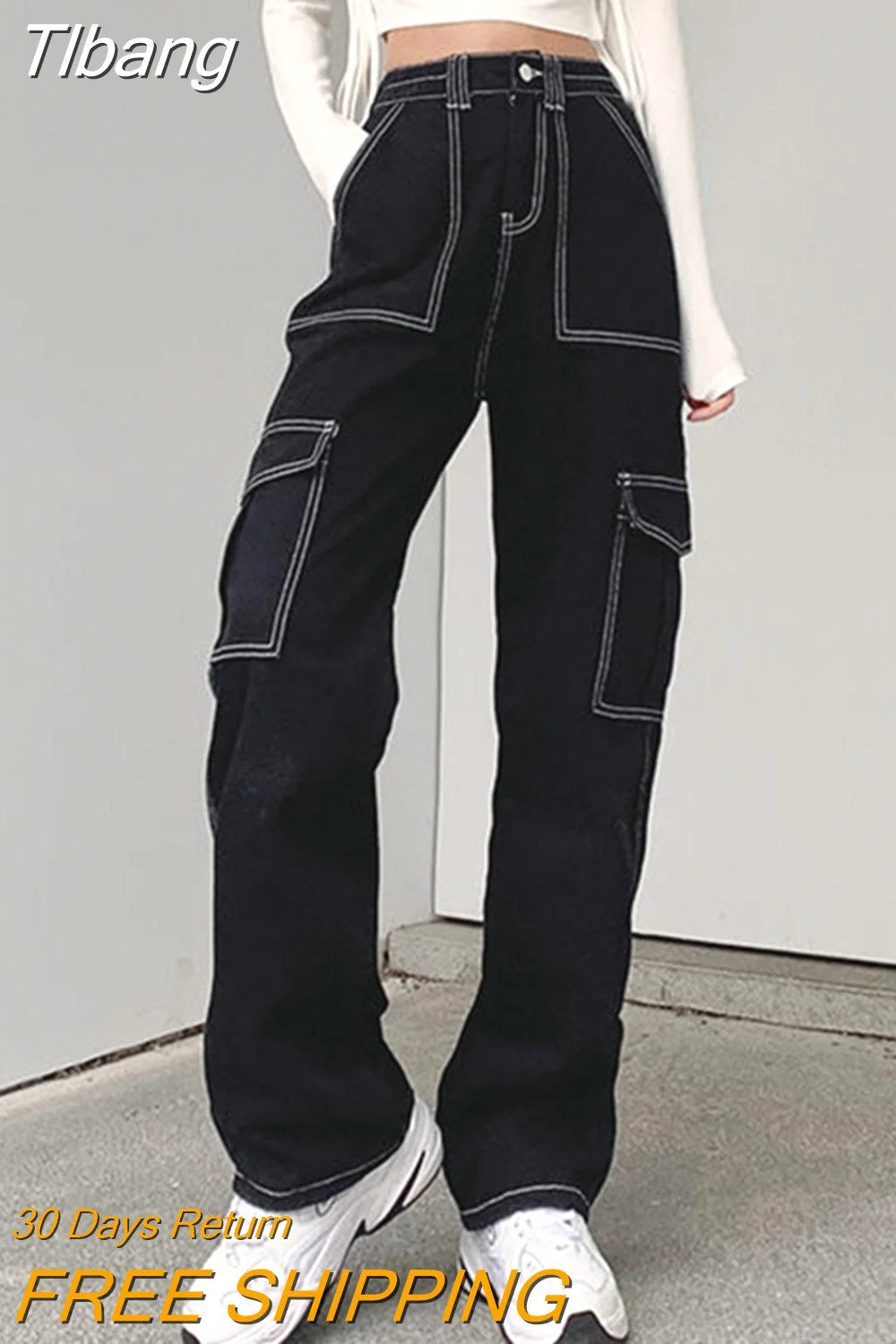Tlbang Pockets Black Cargo Jeans Women High Waist Straight Denim Trousers Woman 2023 Harajuku Wide Leg Long Pants