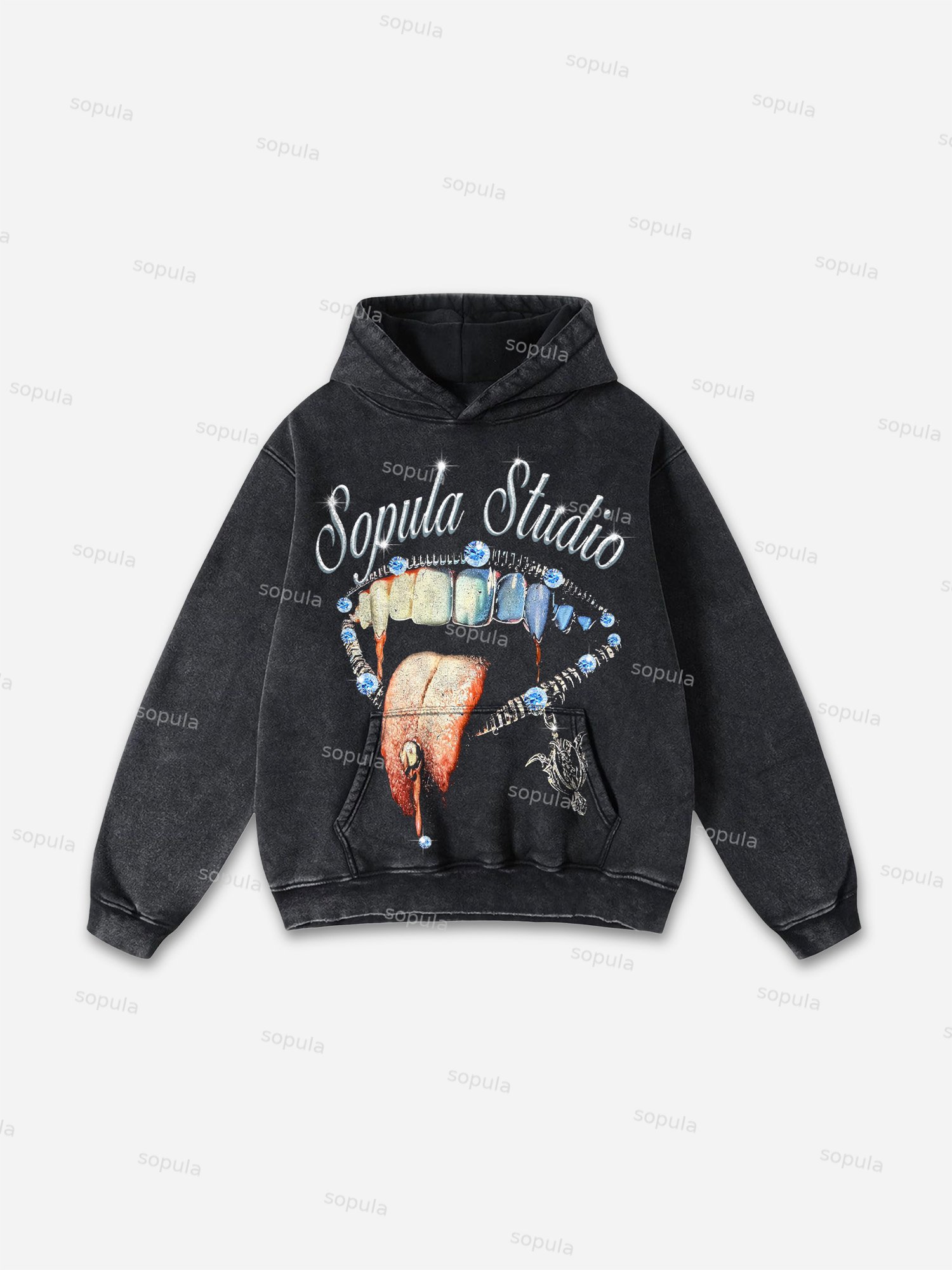 Sopula Lips Diamond Tongue Nail Graphic Washed Hoodie - SOPULA