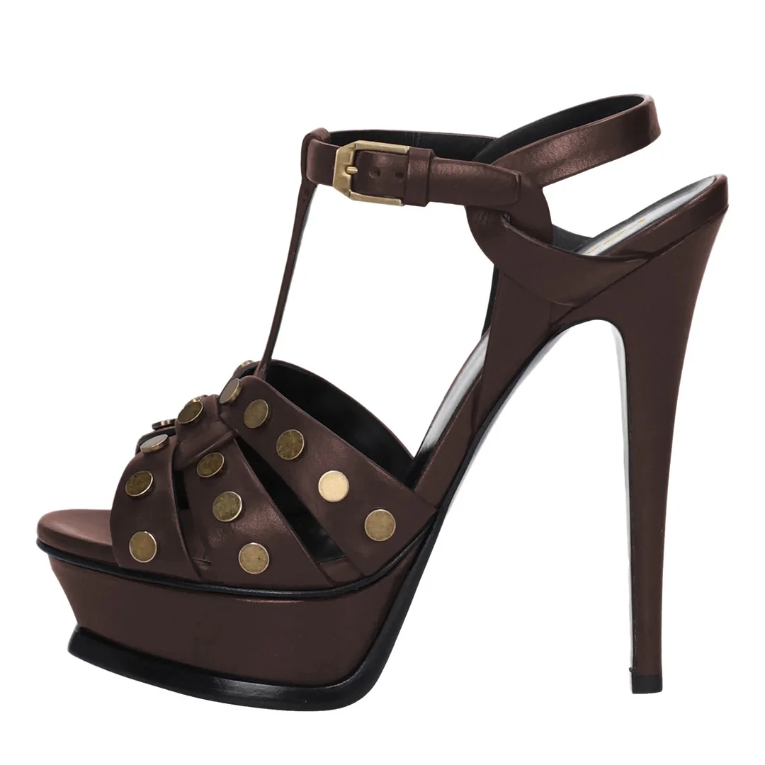 Brown Open Toe Stiletto Heel Buckle Studded T-Strap Platform Sandals