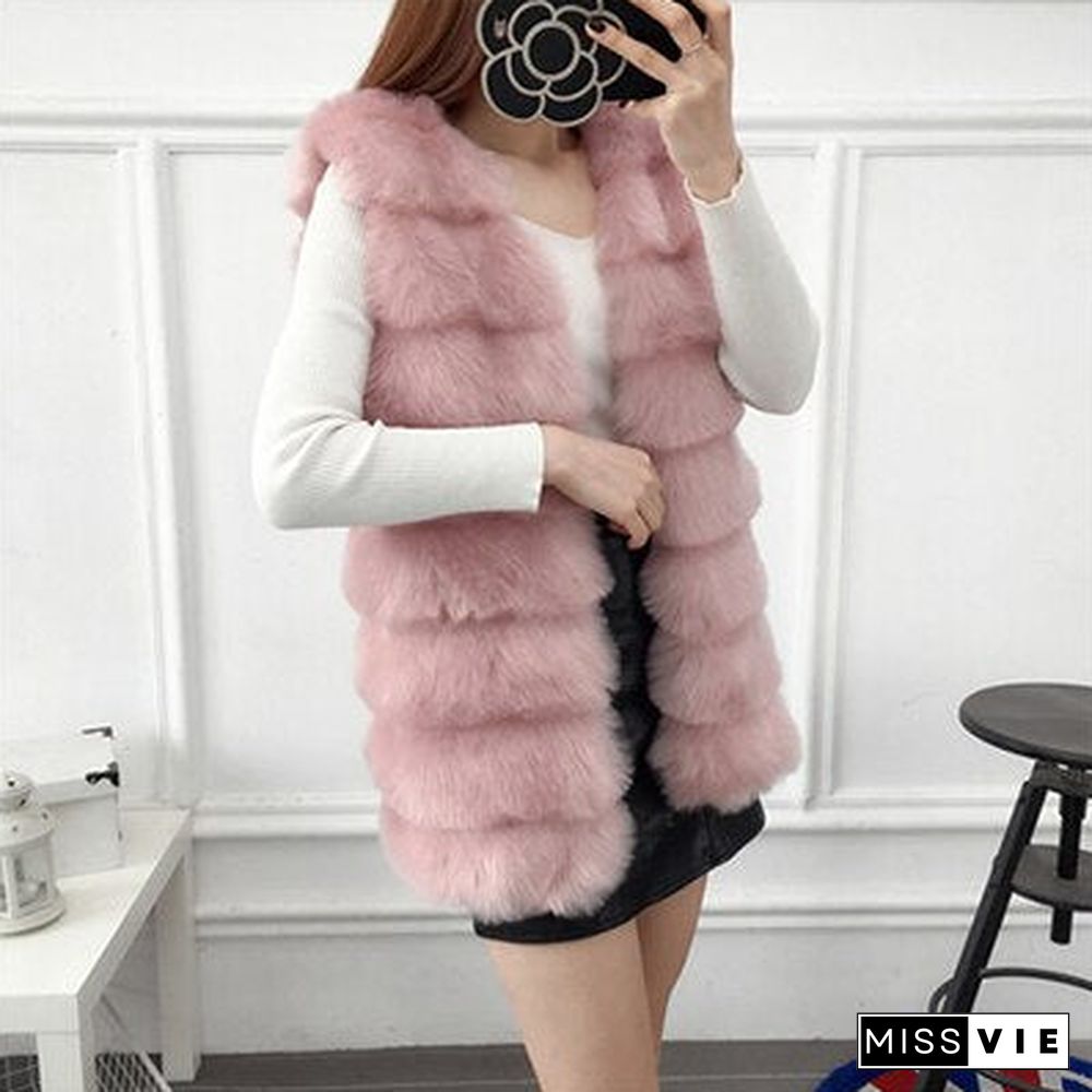Autumn Winter Faux Fur Coat Women Thick Warm Fur Elegant Sleeveless Long Vest Woman Casual Slim Luxury Thick Warm Fur Jacket