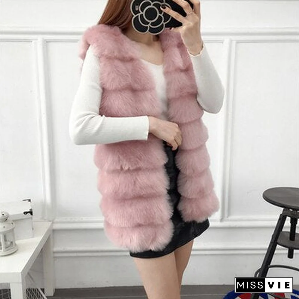 Autumn Winter Faux Fur Coat Women Thick Warm Fur Elegant Sleeveless Long Vest Woman Casual Slim Luxury Thick Warm Fur Jacket