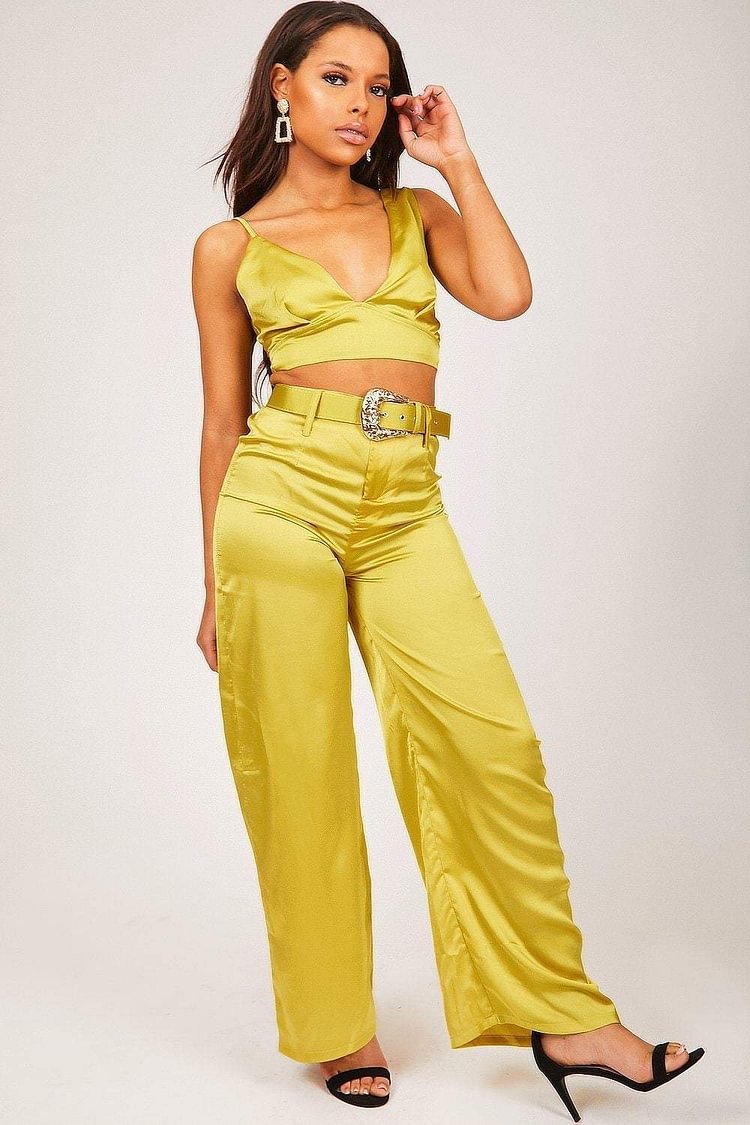 Chartreuse Yellow Wide Leg Satin Trousers With Western Belt Katch Me