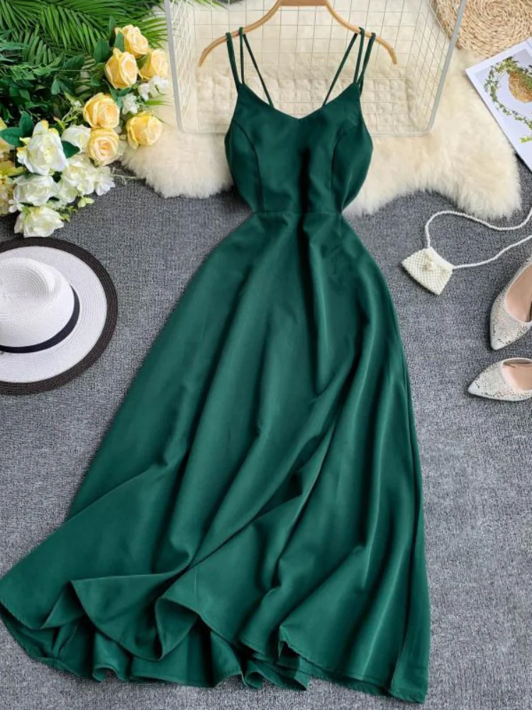 Bjmingjian Summer Beach Long Dress Women Sexy Cross Strap Backless Solid Evening Party Dresses Ladies Sleeveless Summer Boho Long Robe