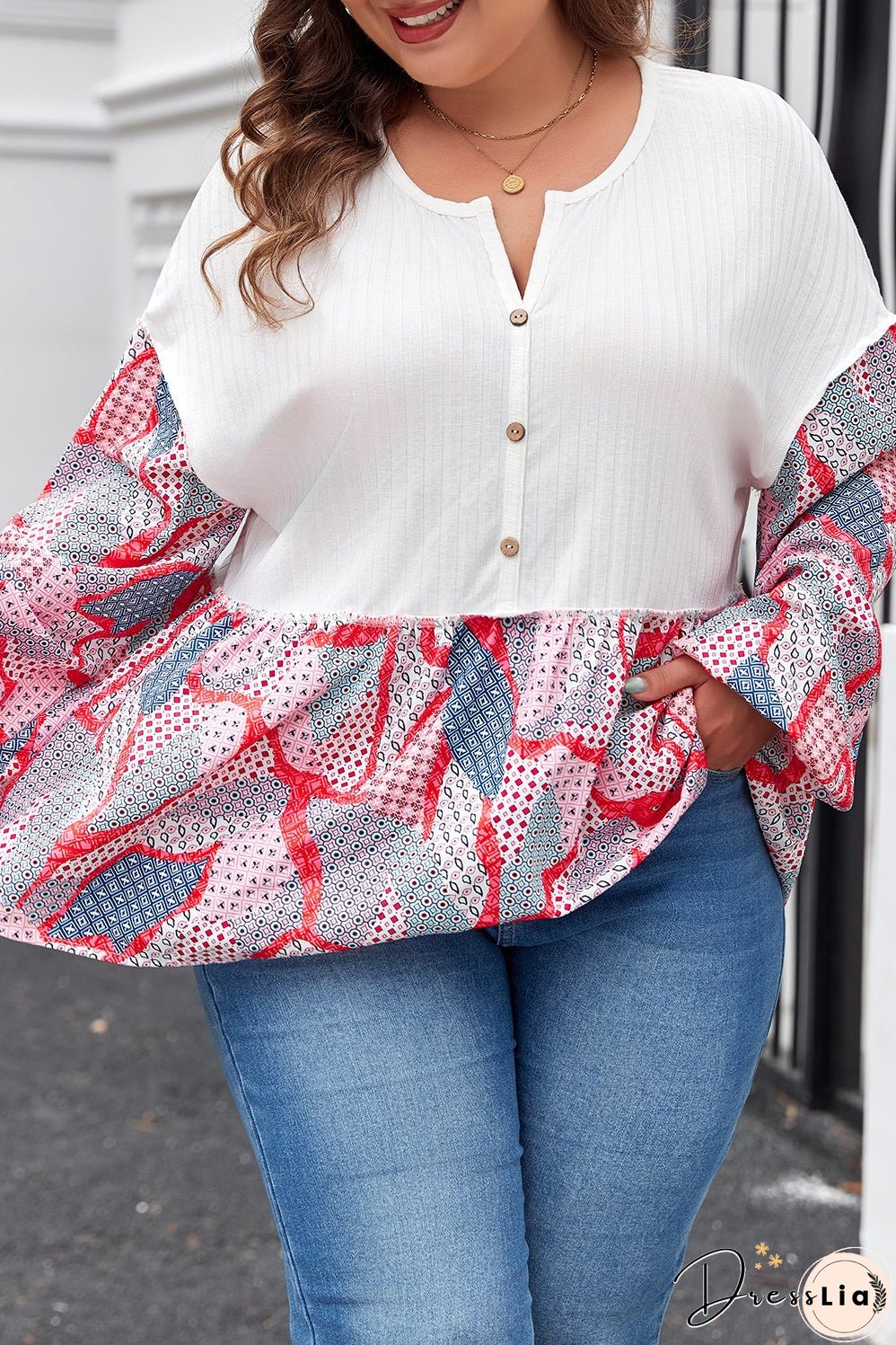 Apricot Plus Size Printed Patchwork Textured Buttoned Blouse