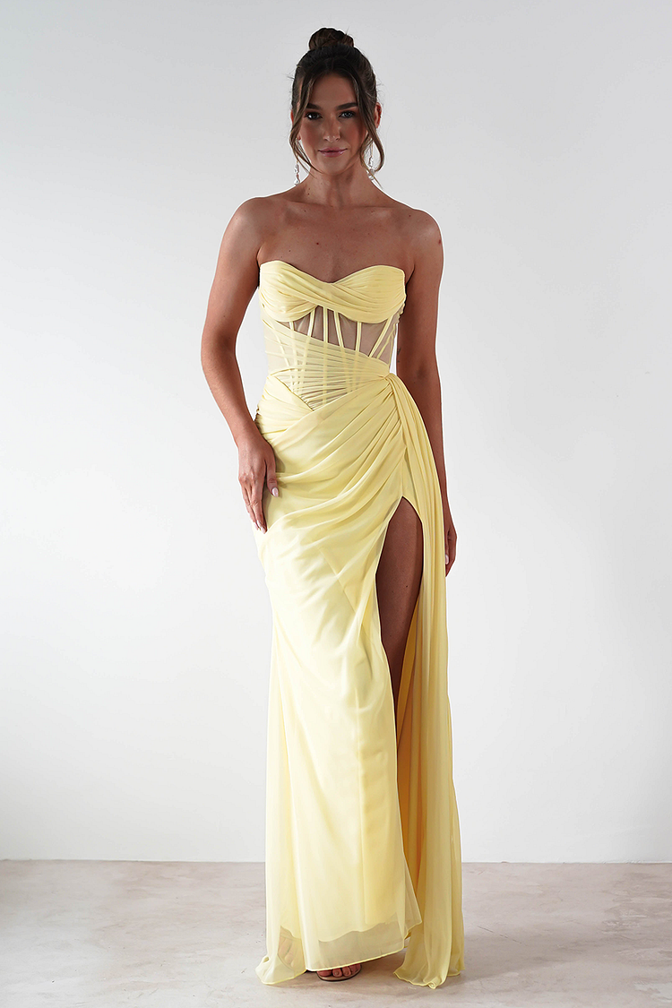 Corset Design Ruched High Slit Strapless Gowns Maxi Dresses-Yellow [Pre Order]