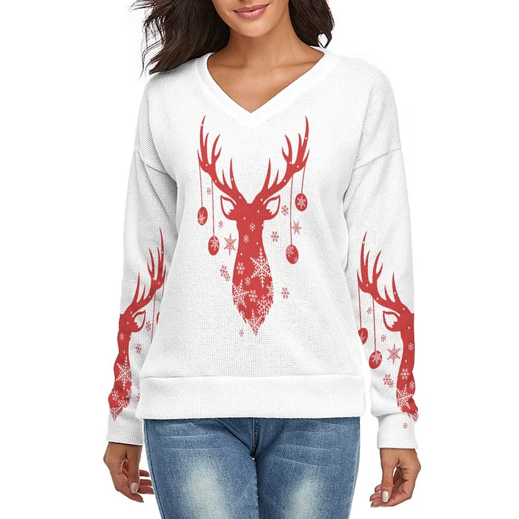 V-neck Sweater Christmas Red Reindeer Snow customized, personalized, gift