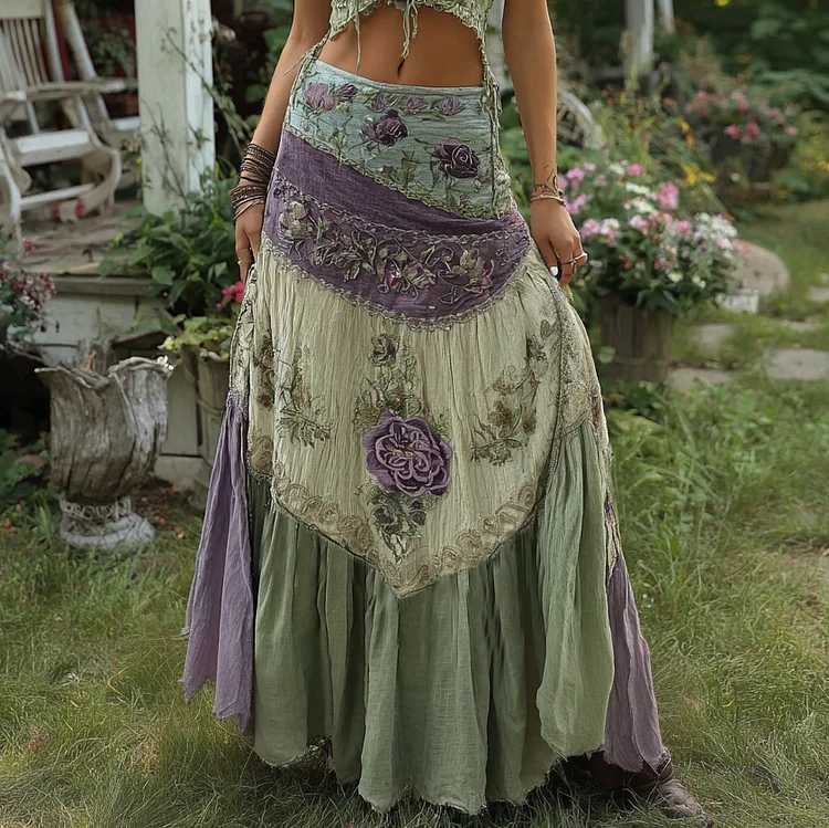 Vintage Classy Gradient Purple Lavender And Floral Embroidered Boho Half-length Skirt