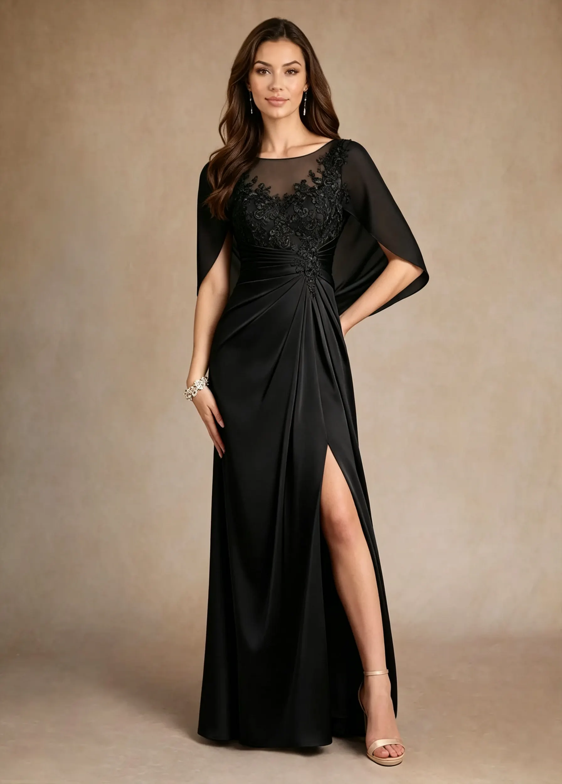 Daisda Scoop Long Pleated A-Line Mother Of The Bride Dress With Cape And Appliques
