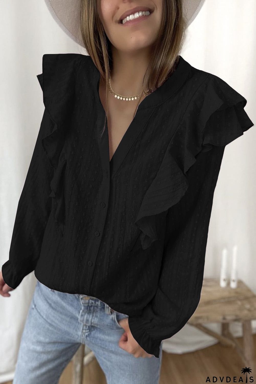 Dotted Texture Sheer Ruffles Bubble Sleeves Shirt