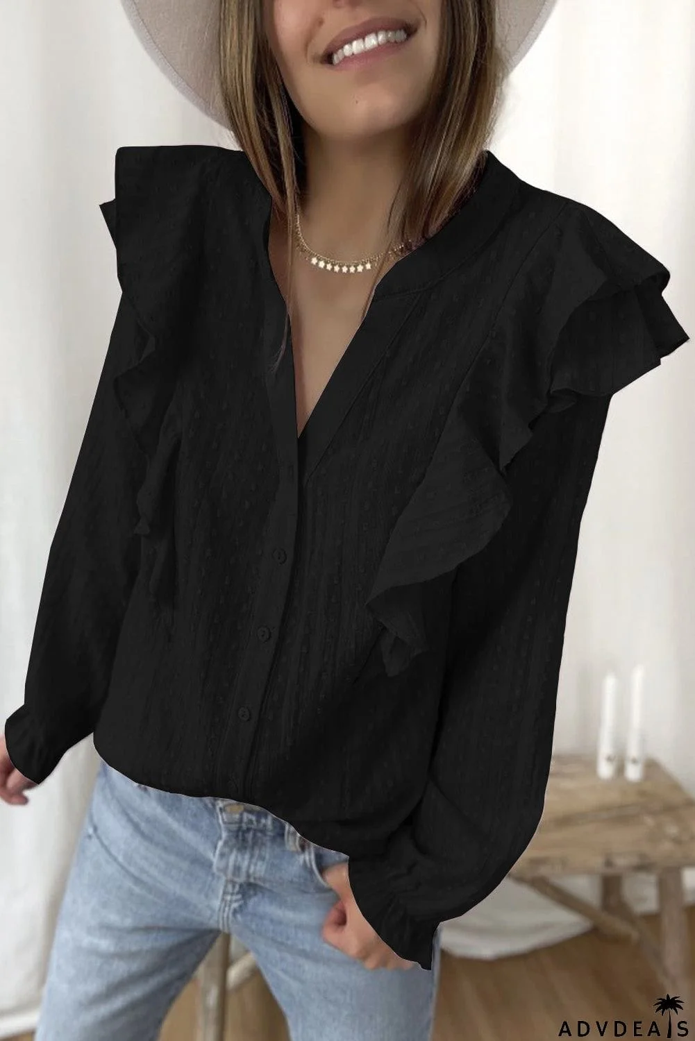 Dotted Texture Sheer Ruffles Bubble Sleeves Shirt