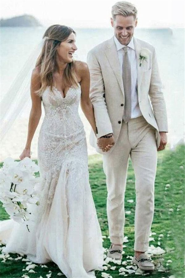 Notched Lapel Ivory Summer Beach Linen Wedding Tuxedo For Men Slim Fit With 3 Pieces | Ballbellas Ballbellas