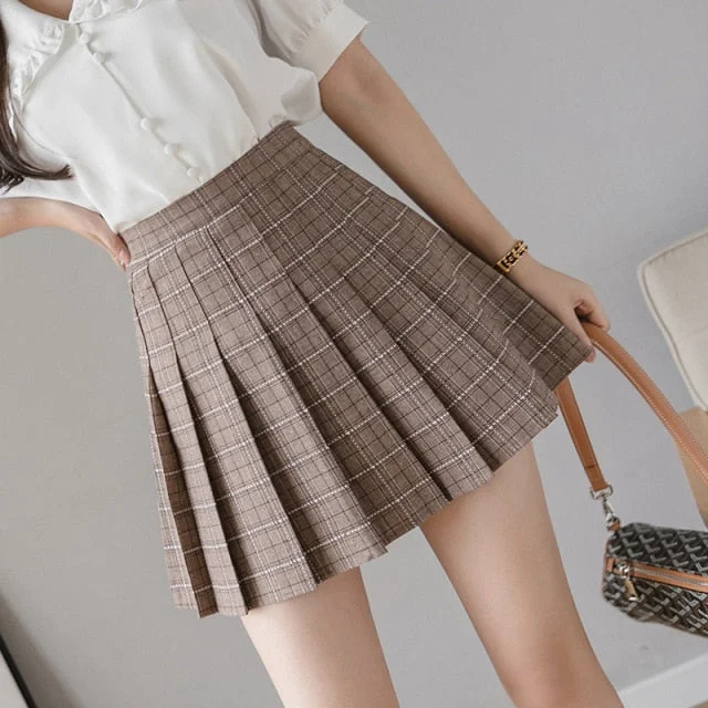 XS-3XL Plus Size Pleated High Waist A-line Plaid Skirt SP16825