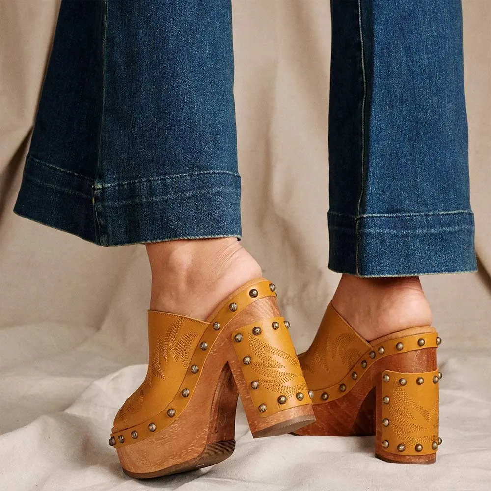 Yellow Faux Leather Peep Toe Embroidered Studded Platform Mules