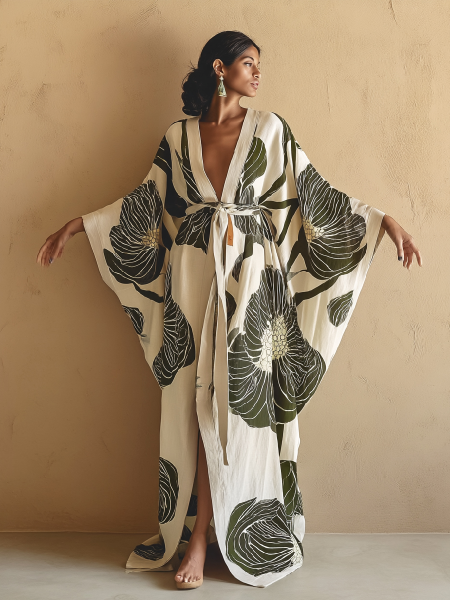 Women's Green Floral Kimono Linen Robe (Including Belt)