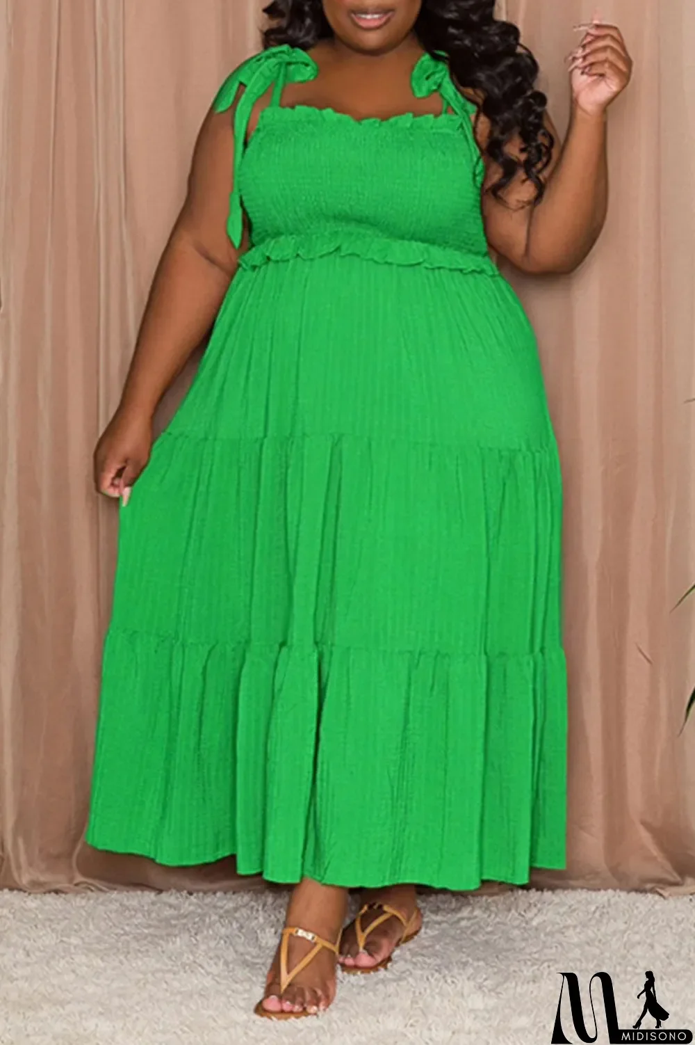 MidiSono - Pink Casual Sweet Solid Bandage Patchwork Fold Spaghetti Strap Sling Dress Plus Size Dresses