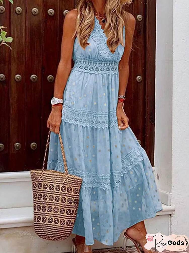 Women Fashion Chic Solid Color Sleeveless Ruffle Dress Sexy Summer Beach Party Dress Lady Elegant Sling V-Neck Lace Long Dresses