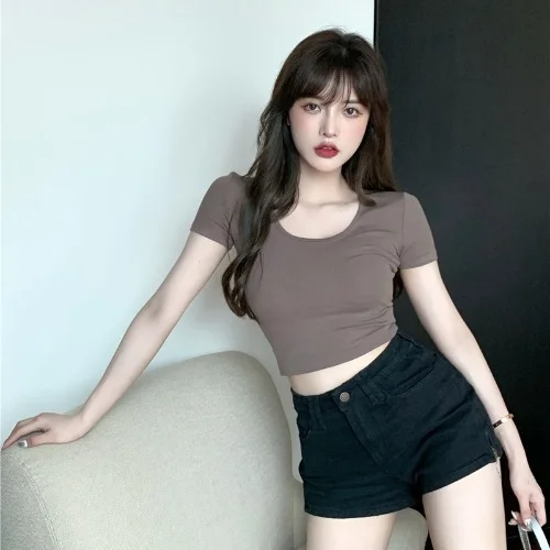Brownm Brownm Women's Summer Ins Tide White Slim Short Crop Pure Wind Sweet Spicy Slim Short Sleeved Shirt 2024 New
