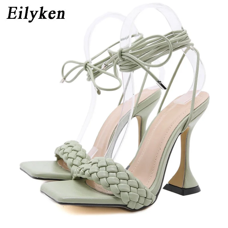 Eilyken Women Sandals Hollow Cross-Tied Weave Shoes Fashion Cozy Leather Peep Toe Ankle Strap Ladies Strange Heels Pumps