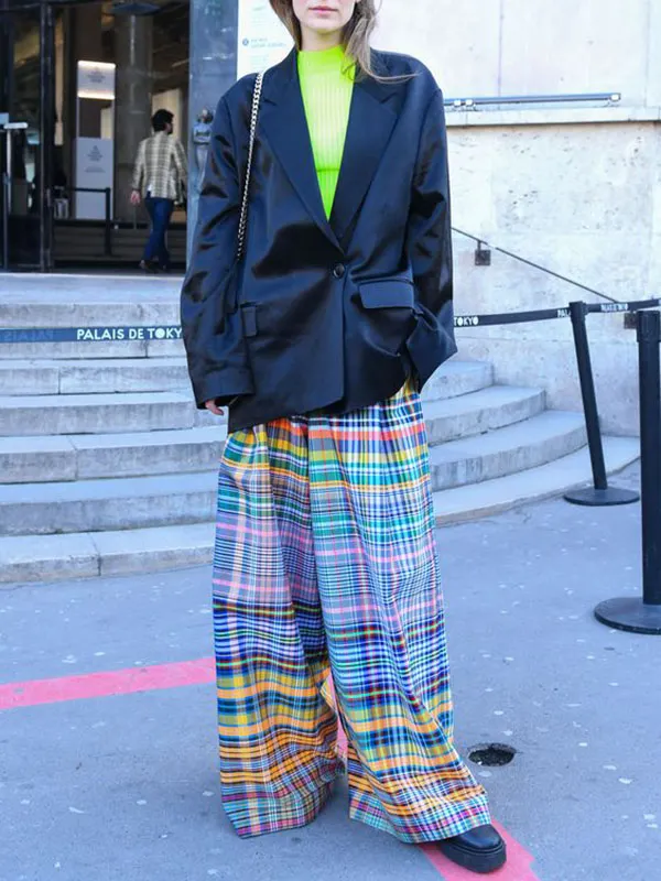 CHECKER PRINT HIGH WAIST WIDE LEG PANTS