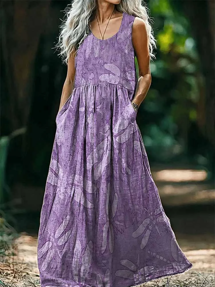 Womens Boho Dragonfly Art Print Sleeveless Pocket Cotton Maxi Dress