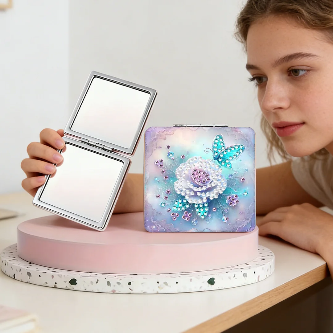 White Flower DIY Special Shaped Diamond Painting Compact Mirror Kits Diamond Art Painting Pocket Mirror for Beginners Adults Art Craft Woman Gifts