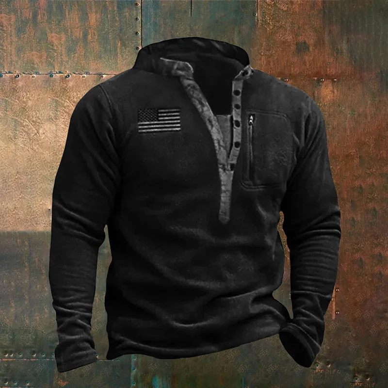Stand Collar Plush Flag Print Zipped Pocket Sweatshirt