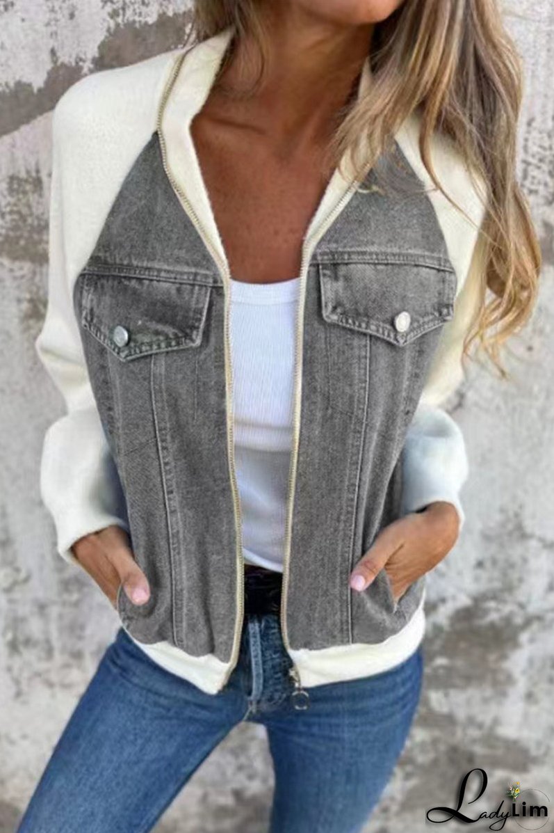 Casual Solid Color Patchwork Zipper Contrast Turndown Collar Outerwear(8 Colors)