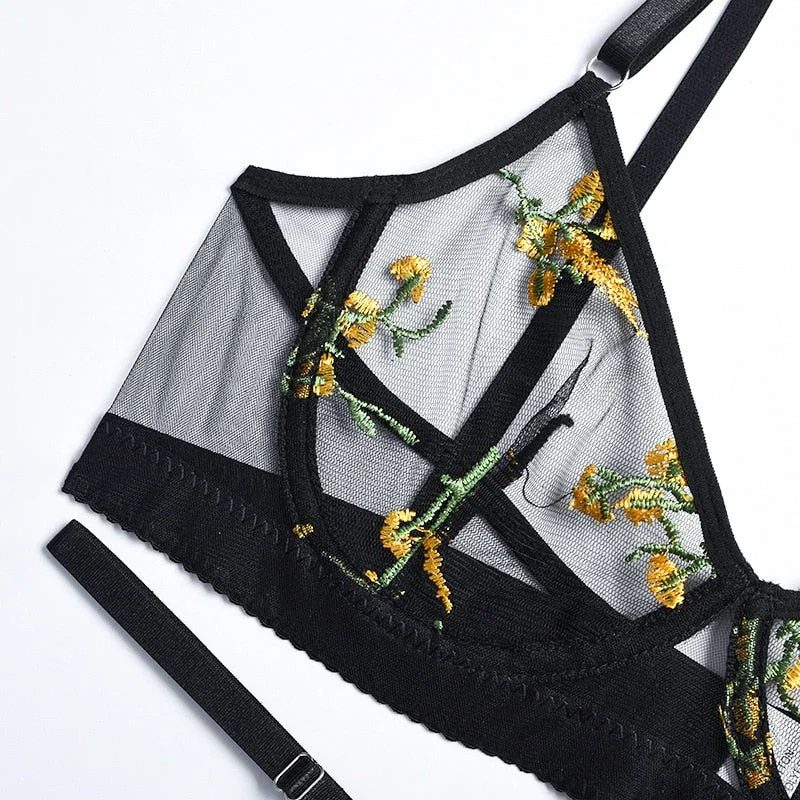 Yimunancy 2-Piece Sensual Lingerie Women's Underwear Transparent Bra with Bones Fancy Brief Sets Floral Lace Erotic Set