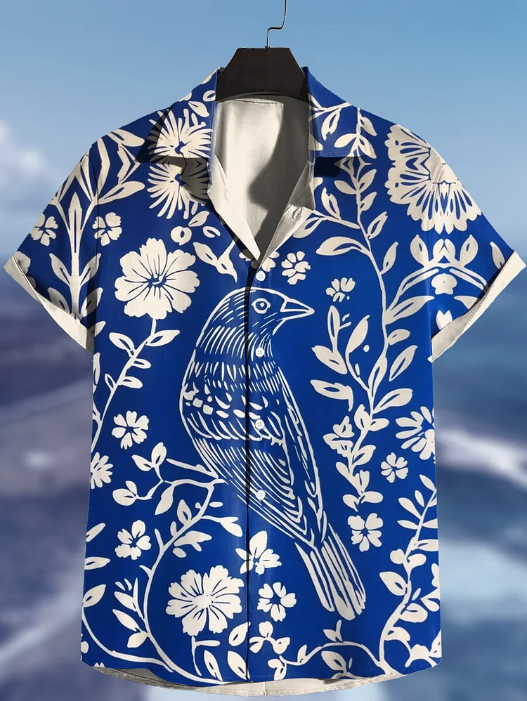 Men's Vacation Bird And Flower Print Shirt
