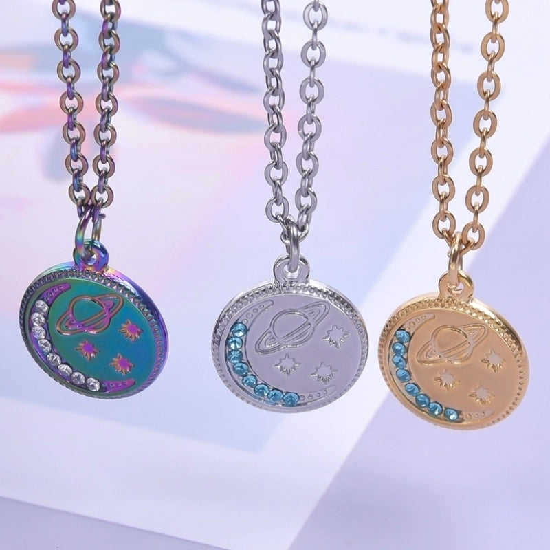 304 Stainless Steel 18K Gold Plated Basic Modern Style Classic Style Plating Inlay Geometric Moon Planet Rhinestones Pendant Necklace
