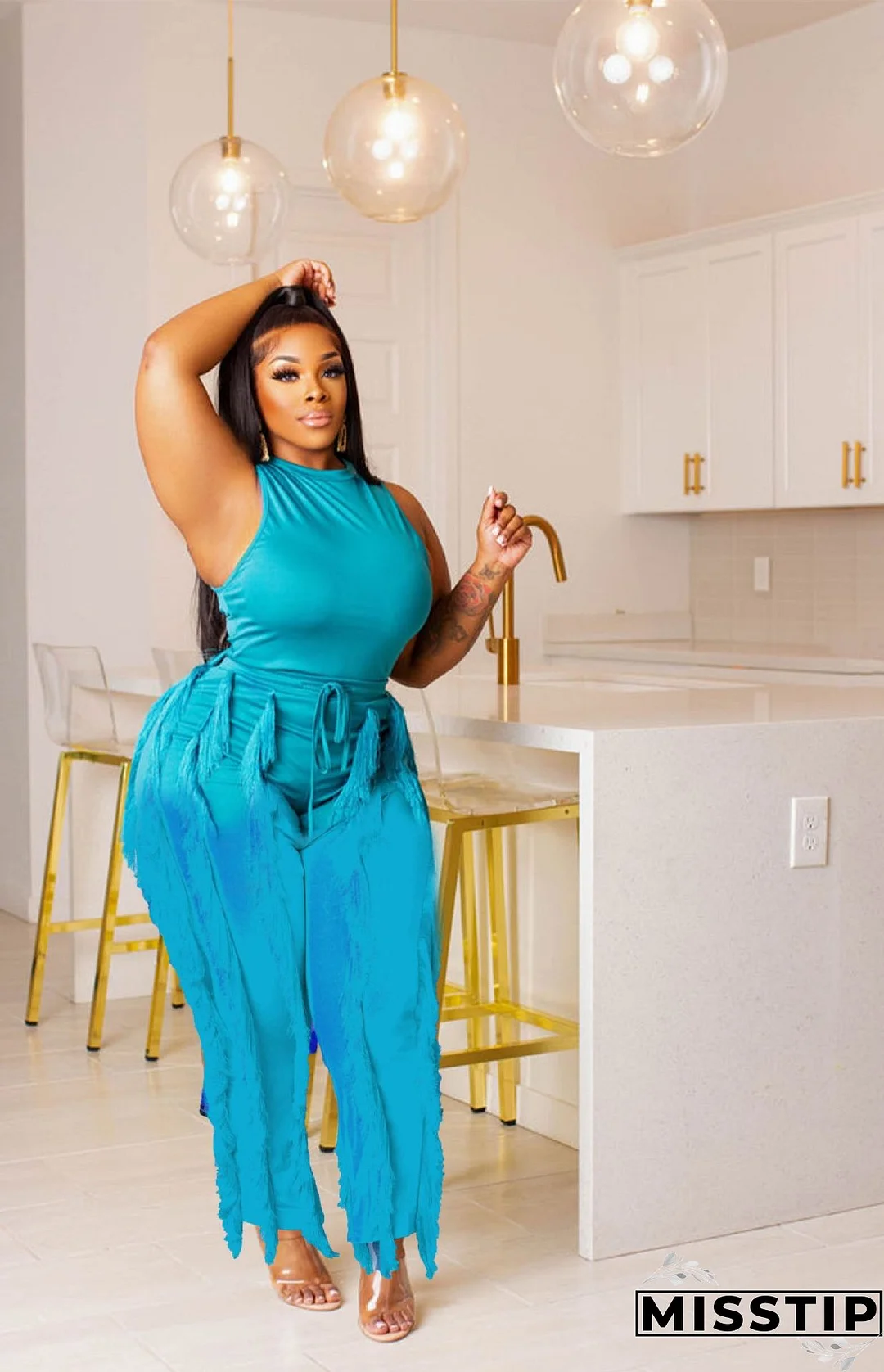 Women's Solid Color Tassel Two Piece Suit