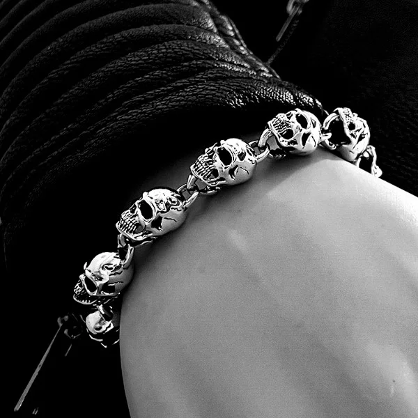Sterling Silver Punk Skulls Link Chain Bracelet