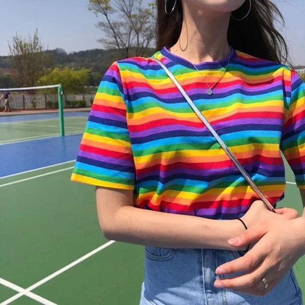 Casual Loose Rainbow Striped Tee Shirt SP14717