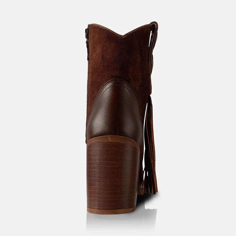 Studded Pointed Toe Button Fringe Ankle Brown Cowboy Boots for Women