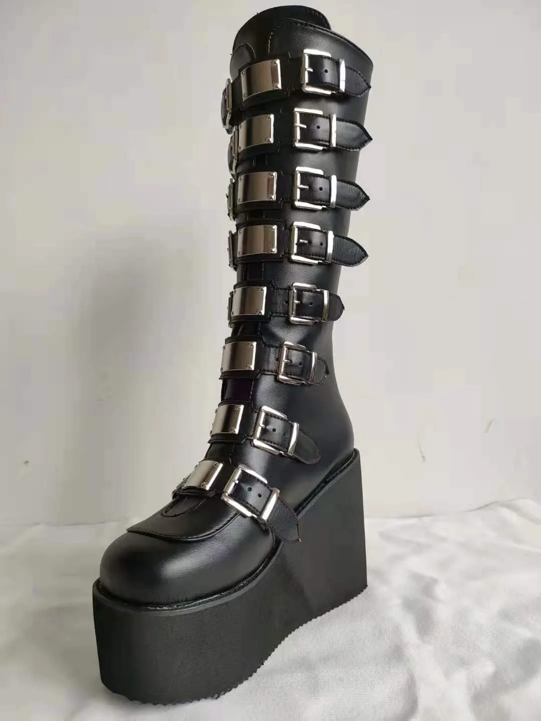 Brand Design Big Size 43 Black Gothic Style Cool Punk Motorcycles Boots Female Platform Wedges High Heels Calf Boots Women Shoes 1118