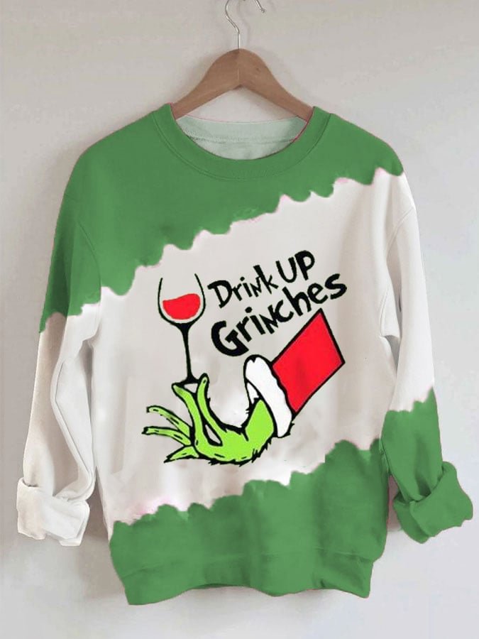 Women's Drink Up Grinches Print Tie-Dye Panel Sweatshirt