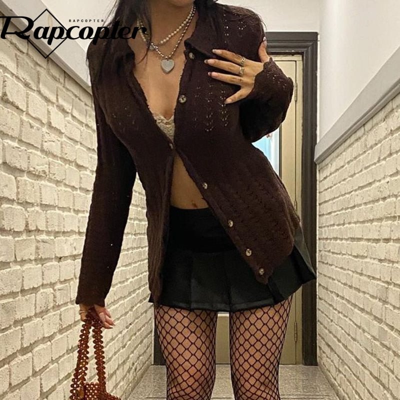 Rapcopter Brown Knitted y2k Sweaters Button Full Sleeve Outerwear Retro Grunge Fairycore Turn Down Collar Jumpers Kawaii Women