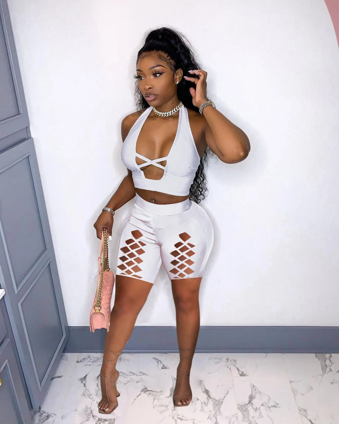 CM.YAYA Women Set Solid Sleeveless Halter Crop Tops Hollow Out Stretchy Shorts Two 2 Piece Sets Sexy Tracksuit Summer Outfits