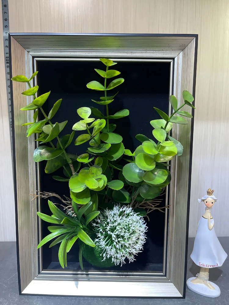  Lifelike Artificial Round Leaf & White Spherical Flower Framed Shadow Box(Size  7.8*11.8 in)