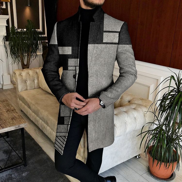 BrosWear Men's Abstract Geometric Stand Up Collar Mid Length Coat