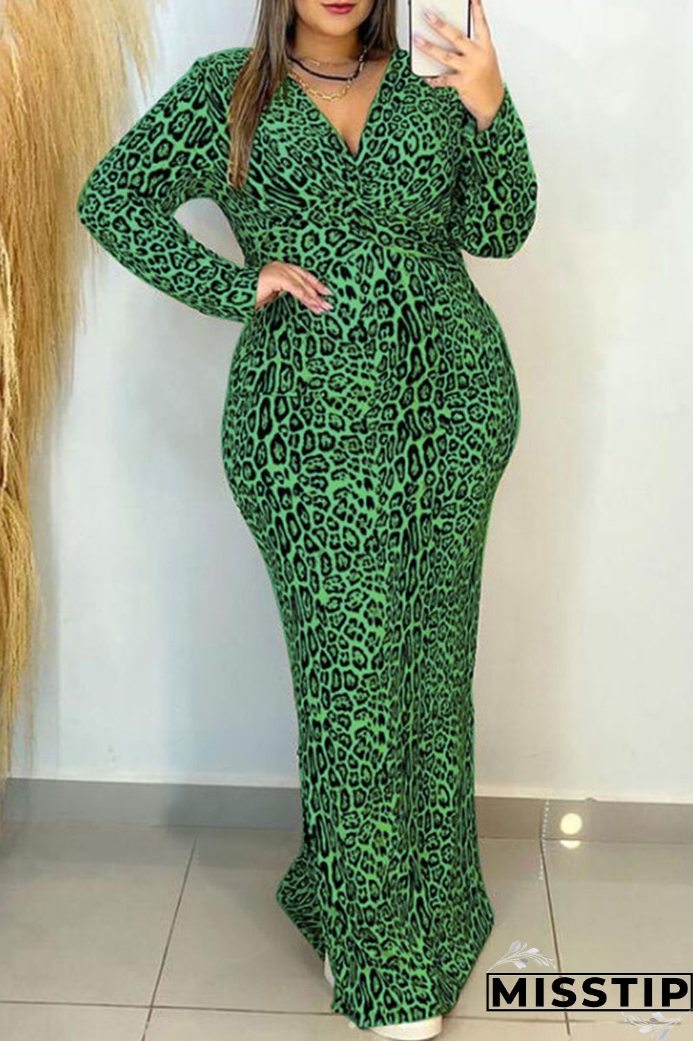 Apricot Casual Print Leopard Patchwork V Neck Long Sleeve Plus Size Dresses