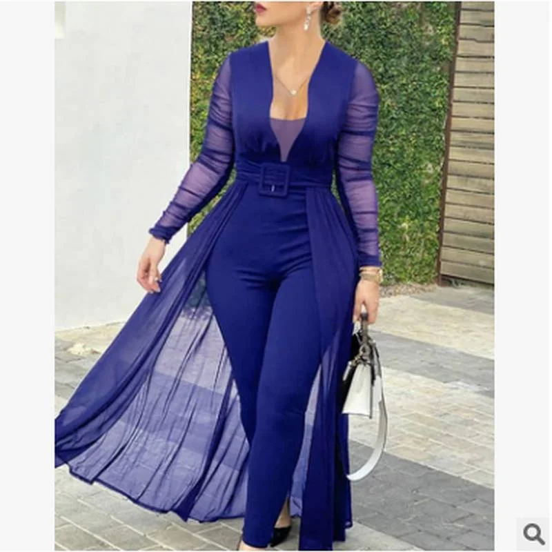 Uveng Uveng Women's Dress Trousers New Solid-Colored Fashion Dark V-Neck Lace Spliced Solid Color-Repair Jumpsuit Q033