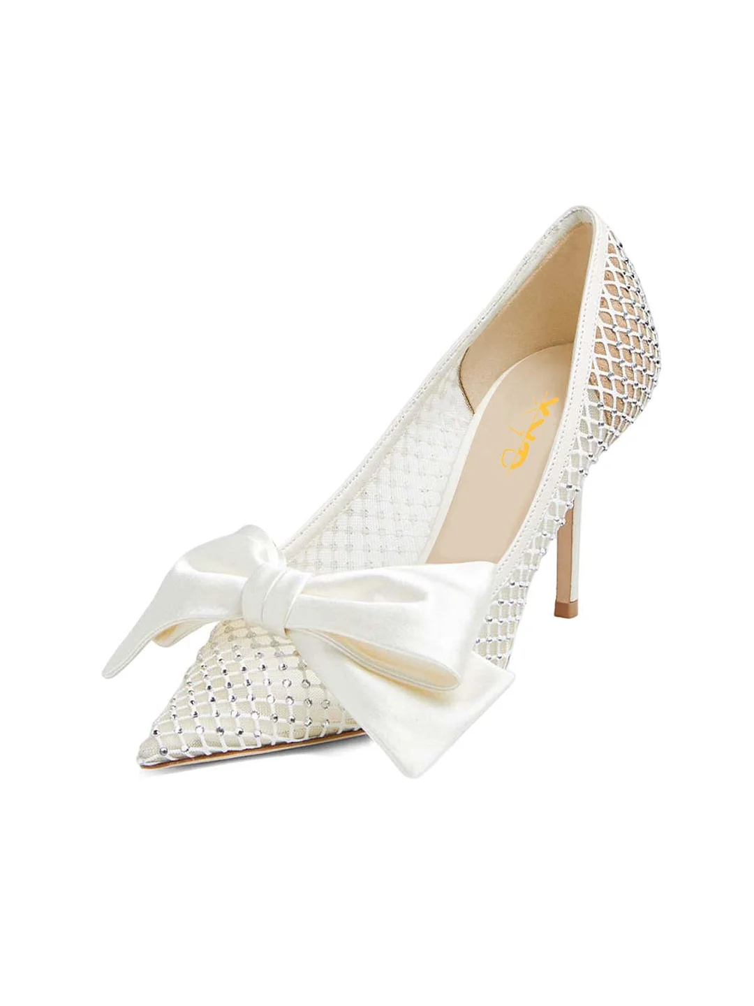 White Rhinestone Mesh Pumps Heels Pointed Toe Satin Bow Bridal Shoes